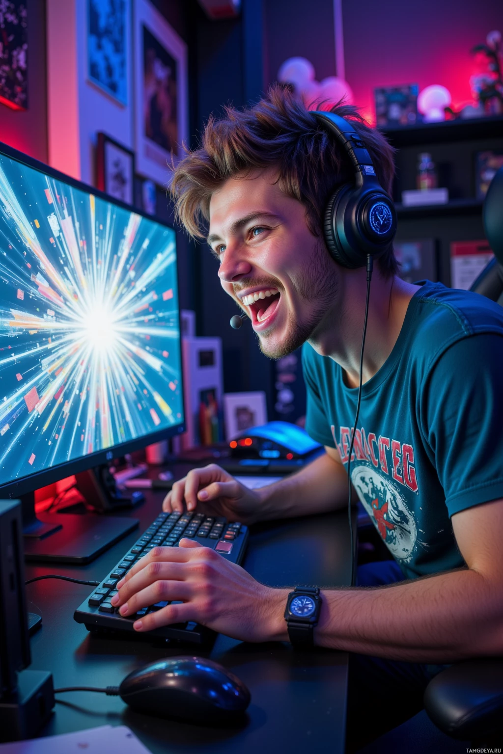 A person wearing headphones is sitting at a desk with a computer, smiling and looking at the screen.