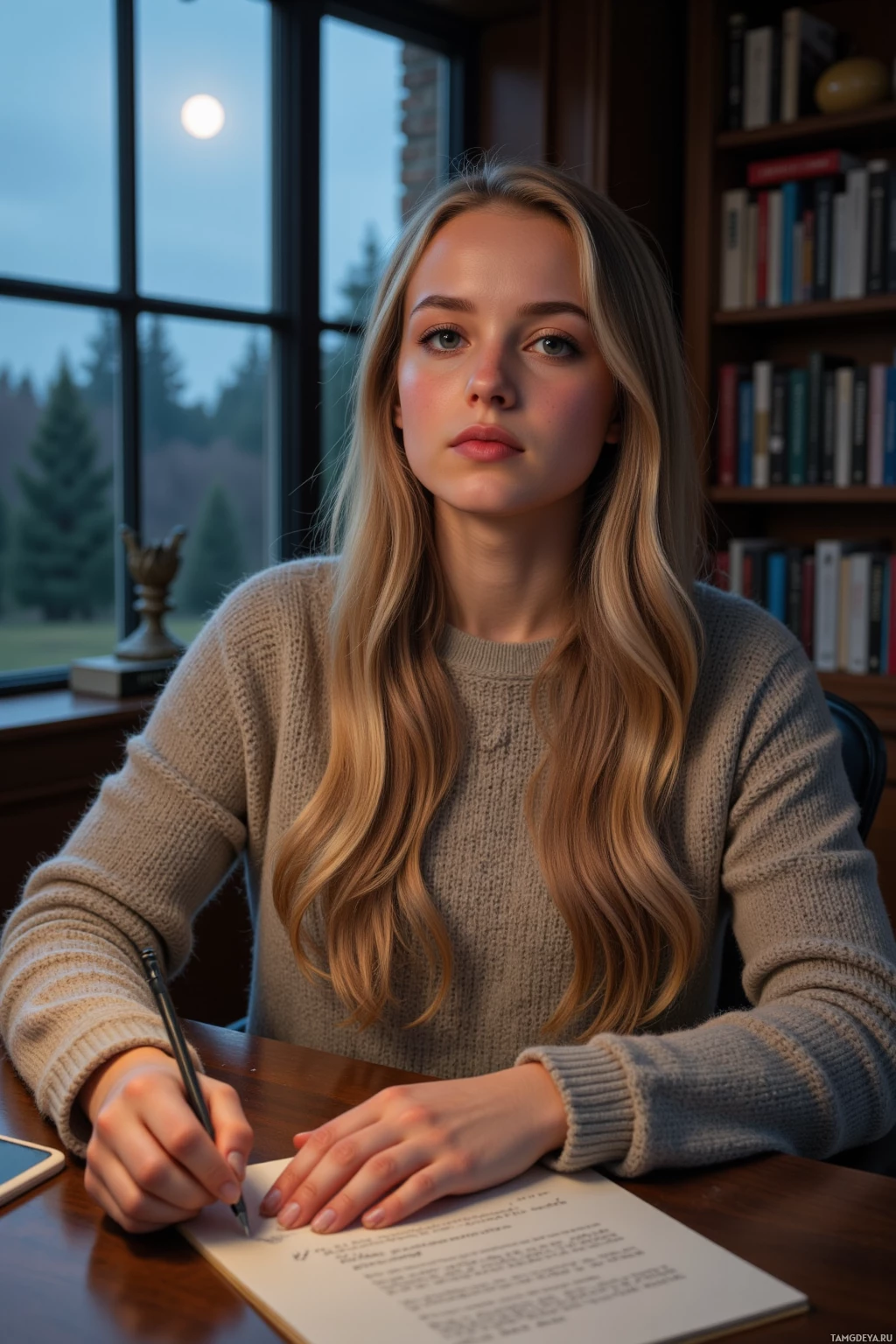 A person with long blonde hair sits at a desk, writing in a notebook with a pen.