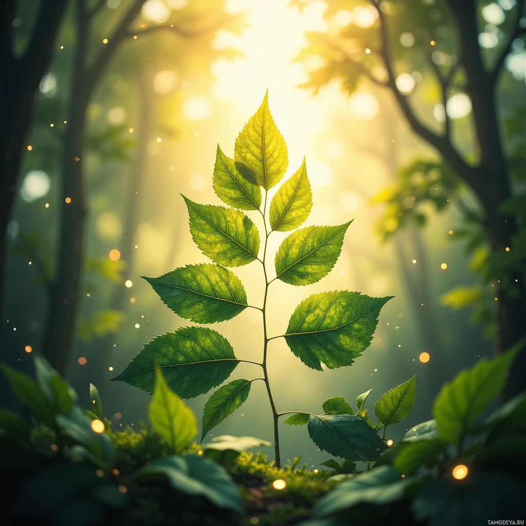 A vibrant green leaf in a forest bathed in golden sunlight.
