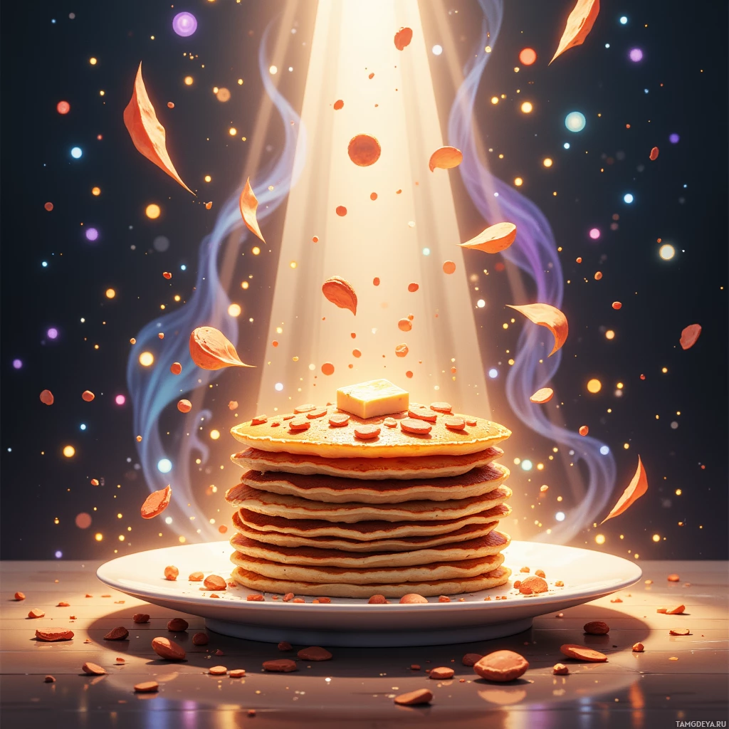 A stack of pancakes with a glowing light beam and floating pancake pieces above.