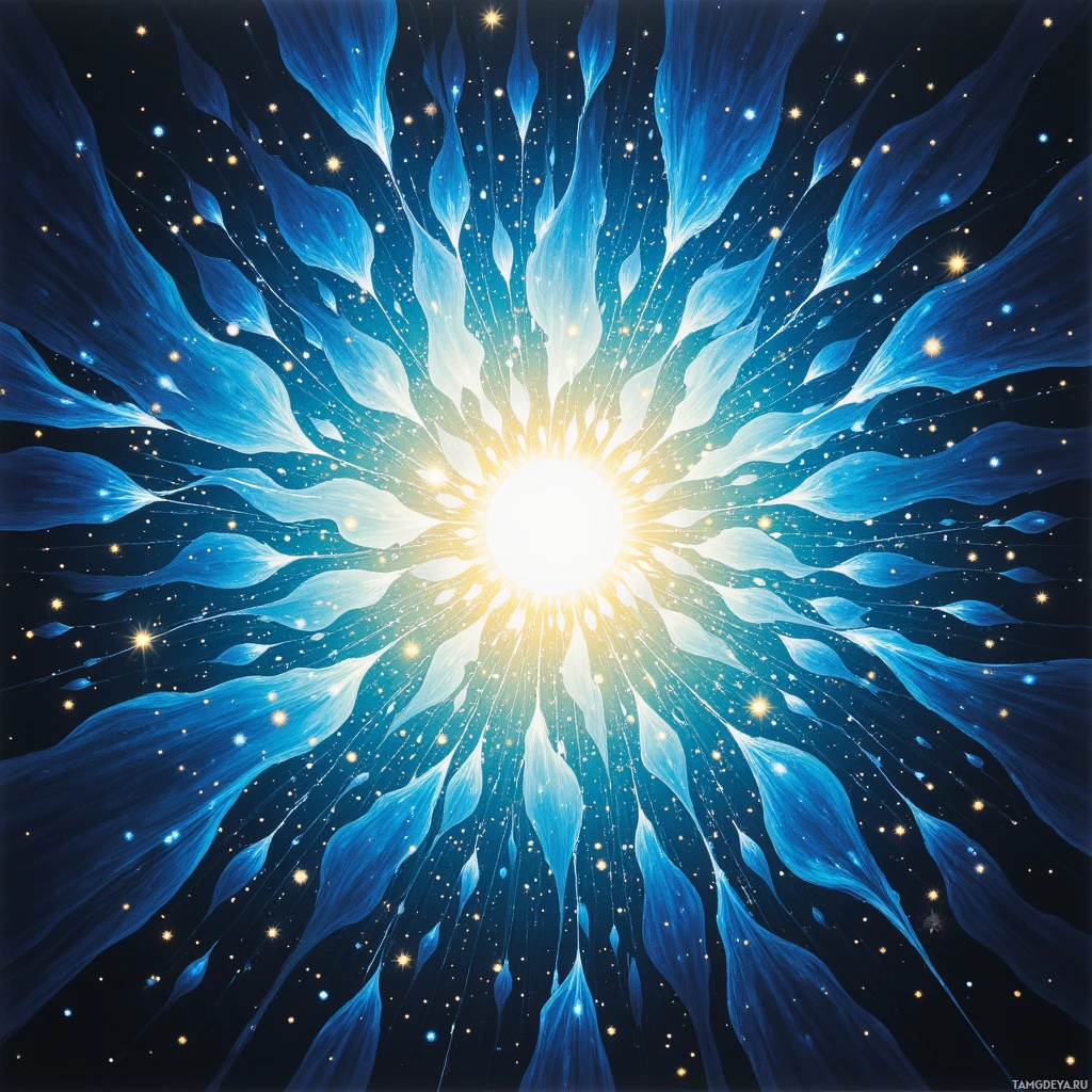 A radiant burst of blue light with star-like particles radiating outward against a dark background.