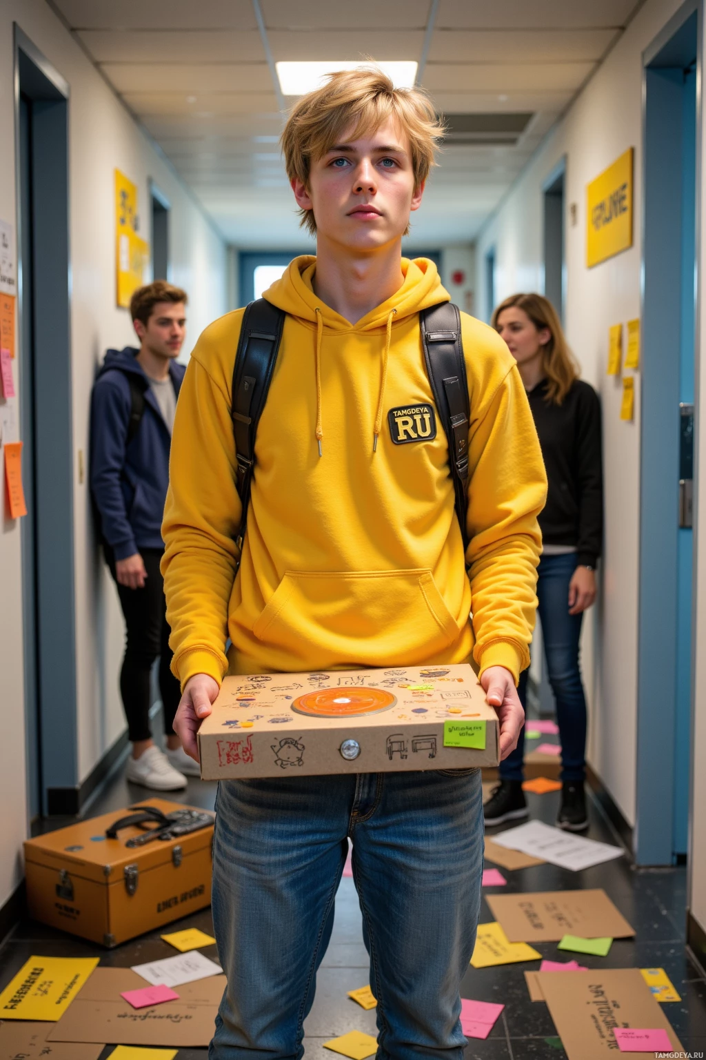 A young person in a yellow hoodie stands in a hallway holding a decorated box.