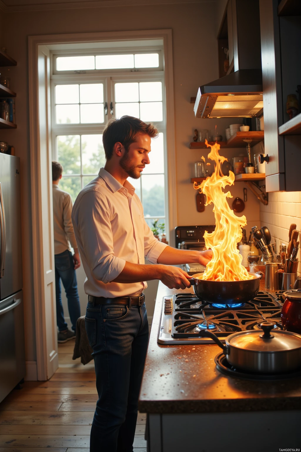 A man is cooking in a kitchen with flames visible in the pan.