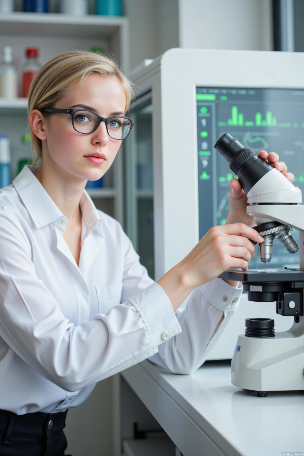 A person in a lab coat is using a microscope in a laboratory setting.
