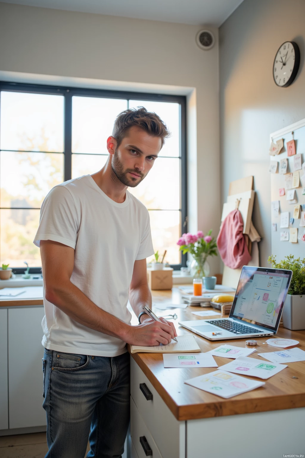 A man in a white t-shirt and jeans stands at a desk, writing in a notebook with a laptop and various papers around him.