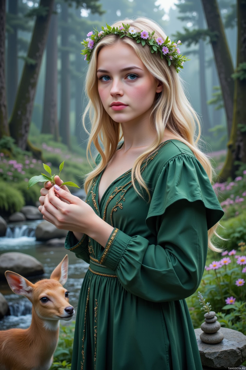 A woman in a green dress with a floral crown holds a leaf, standing in a misty forest with a deer nearby.