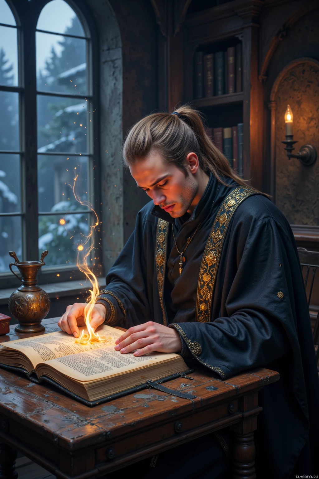 A man in a dark robe reads an open book with a glowing flame above it.