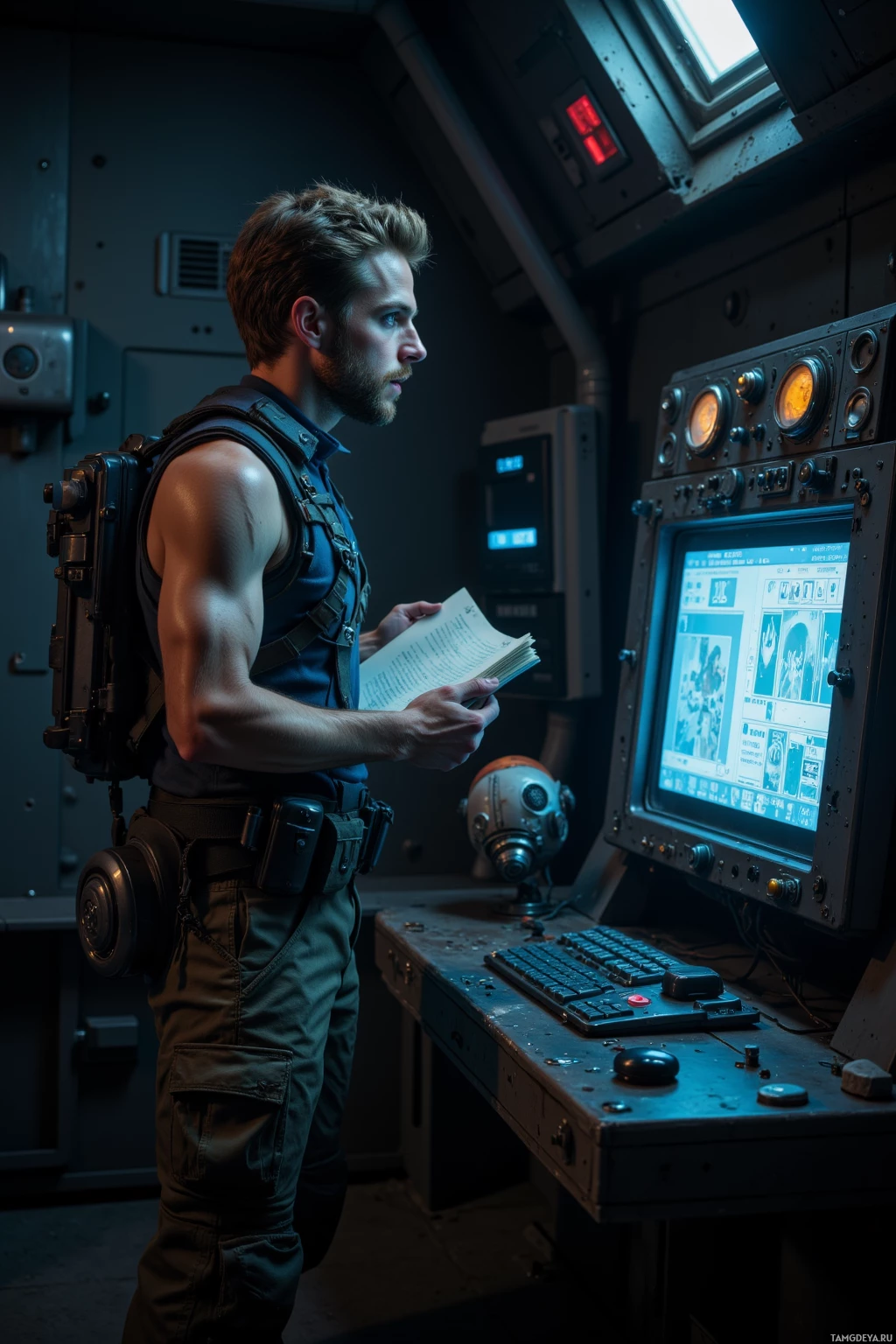 A man in a tactical vest stands in a dimly lit control room, holding a book and looking at a monitor.