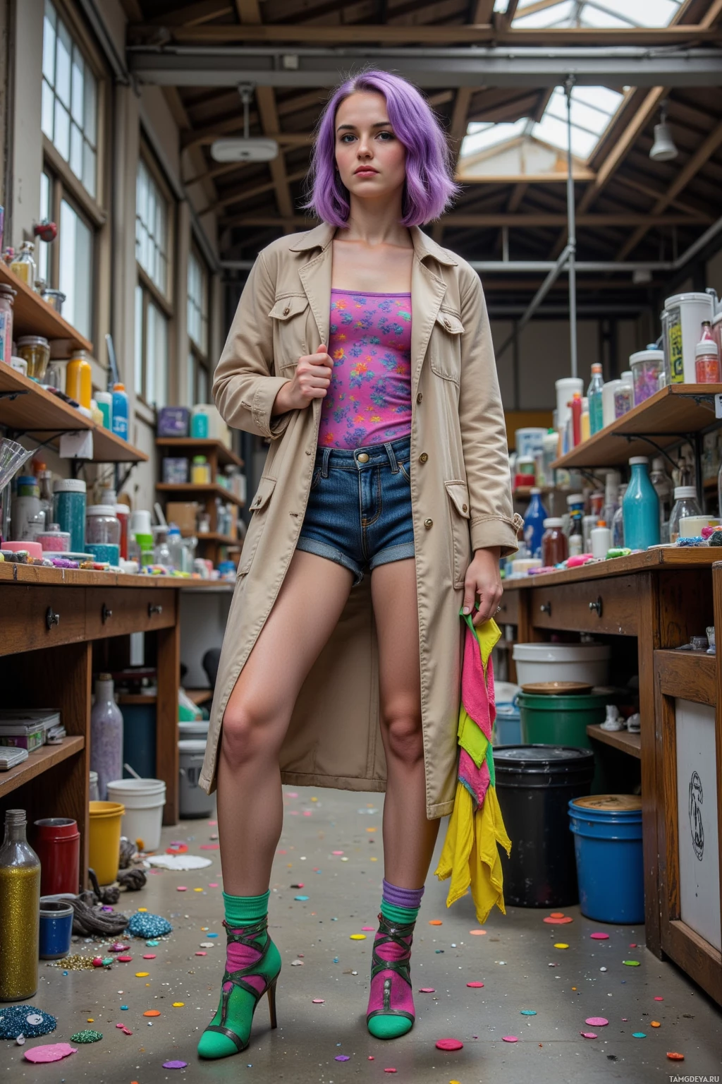 A person stands in a workshop, wearing a beige trench coat, a floral top, denim shorts, and colorful high-heeled shoes.