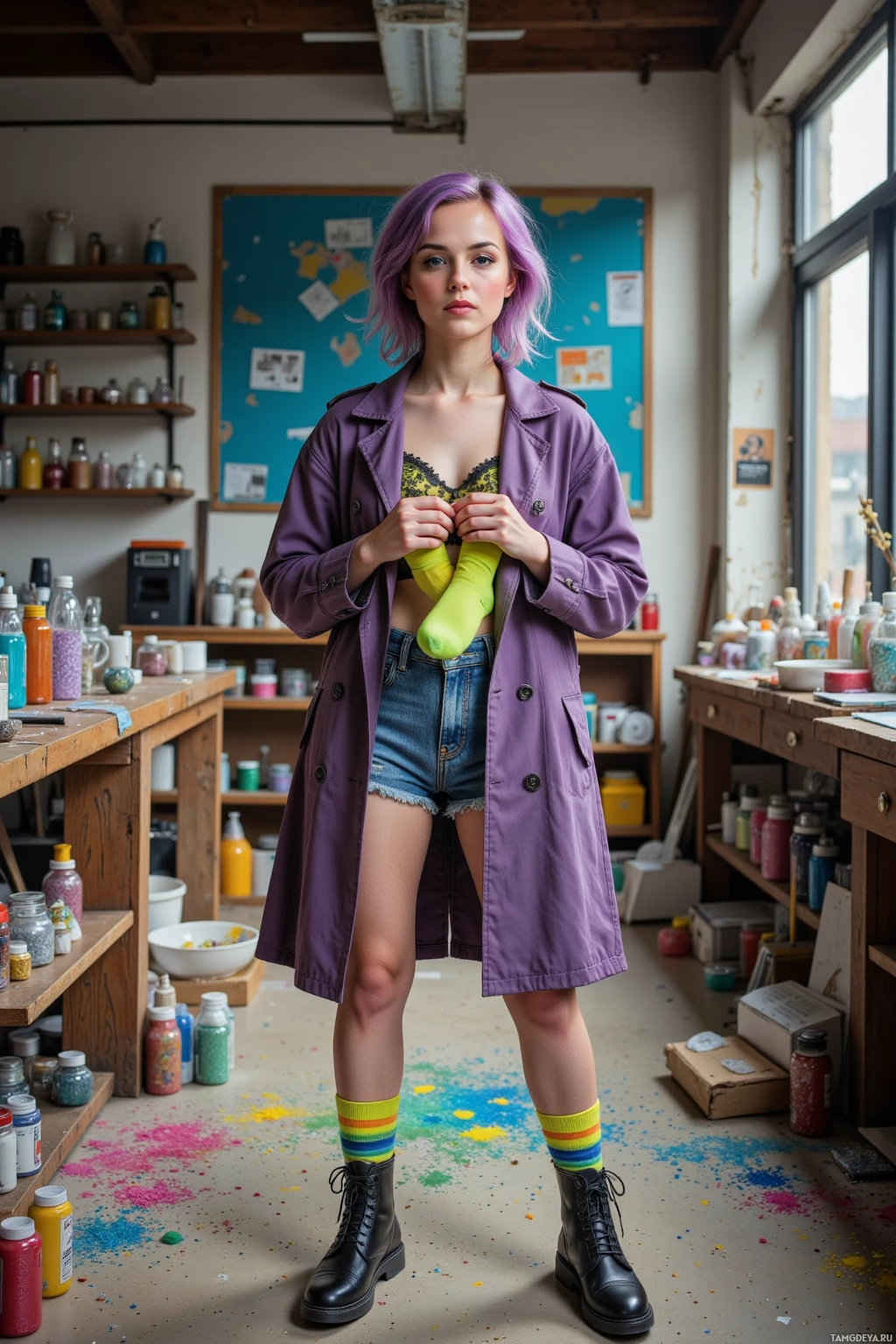 A person stands in a studio with colorful paint splatters on the floor, wearing a purple trench coat, denim shorts, and rainbow-striped socks.