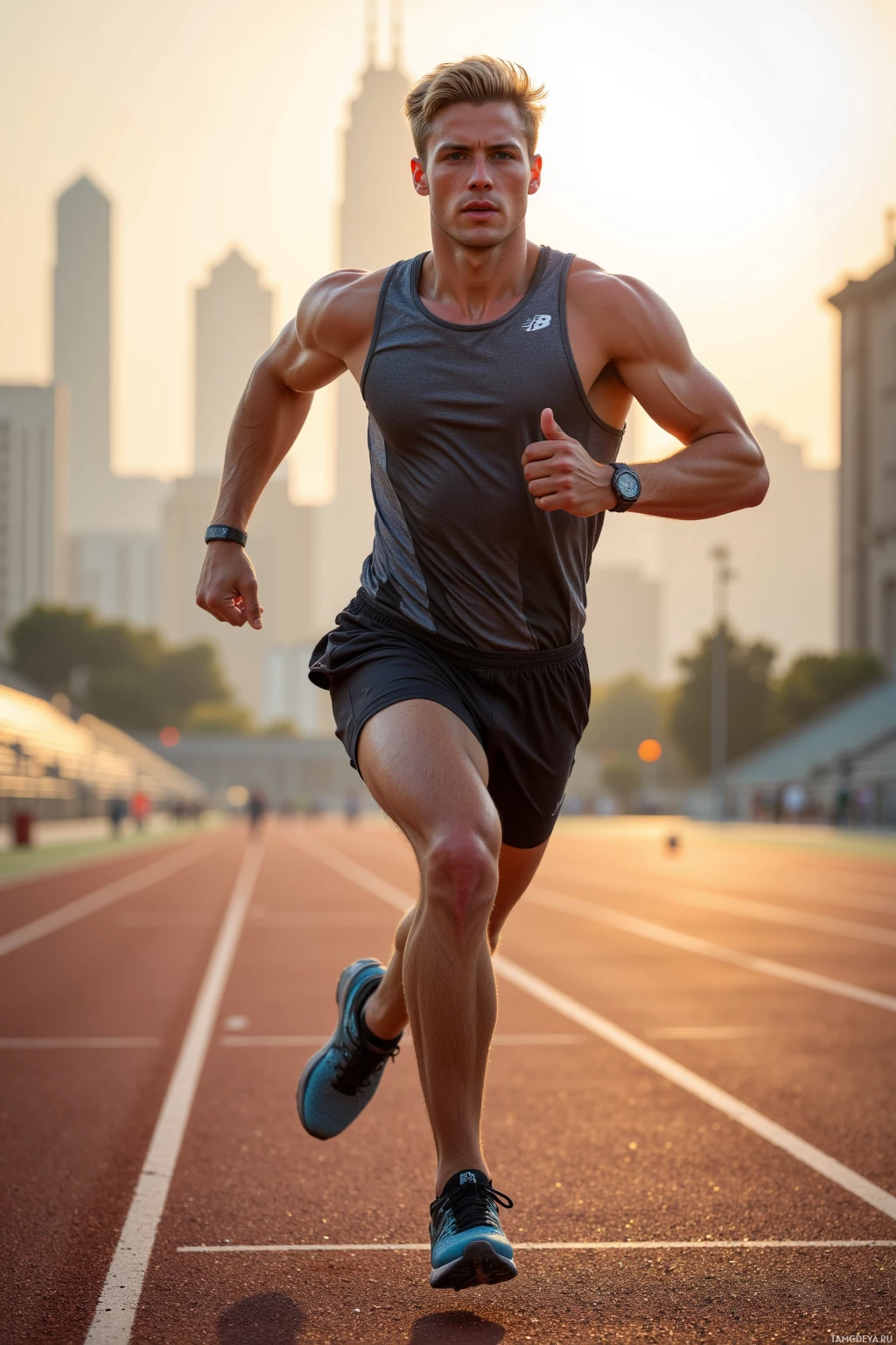 A man is running on a track with a cityscape in the background.