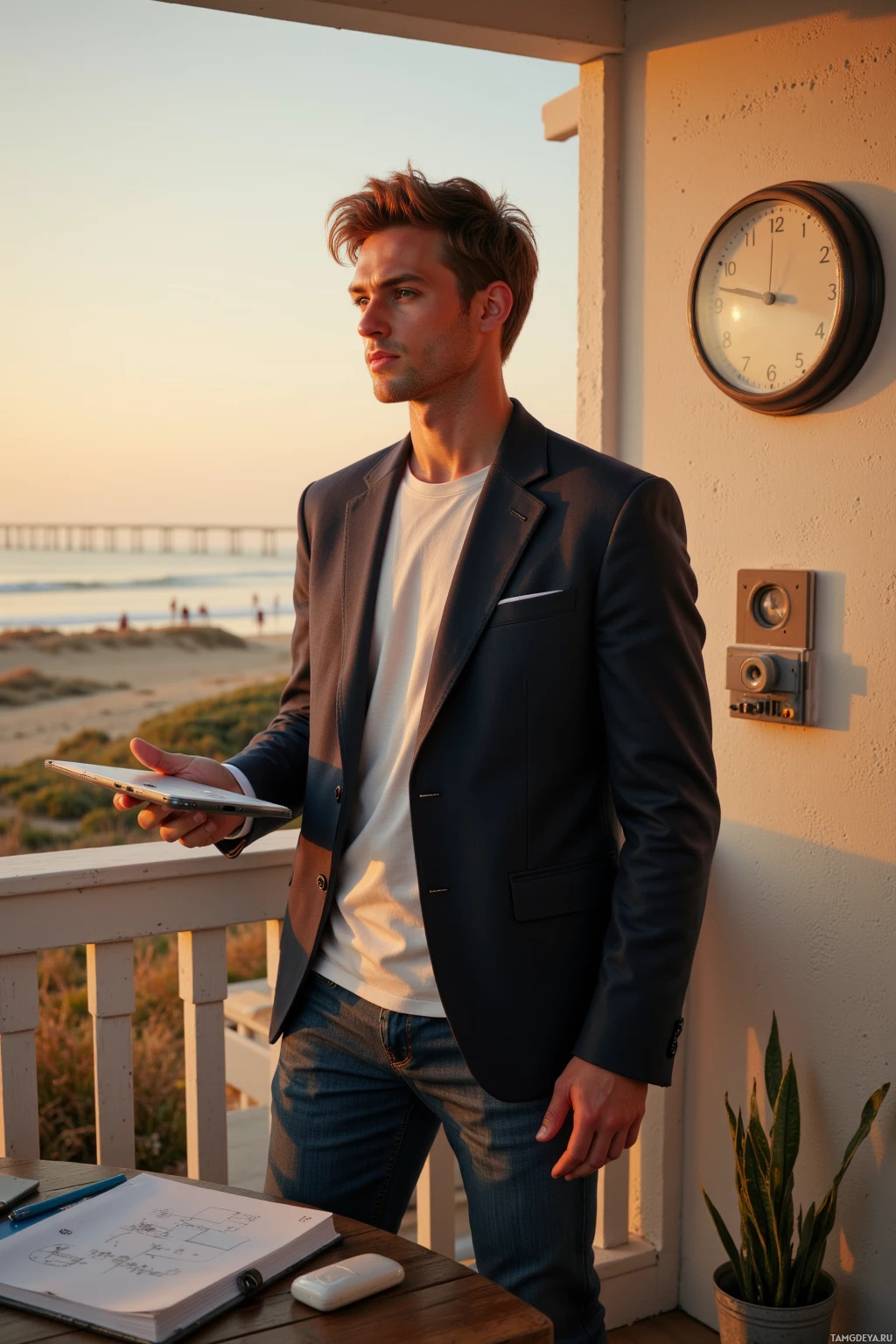 A man in a suit stands on a balcony overlooking the ocean, holding a tablet.