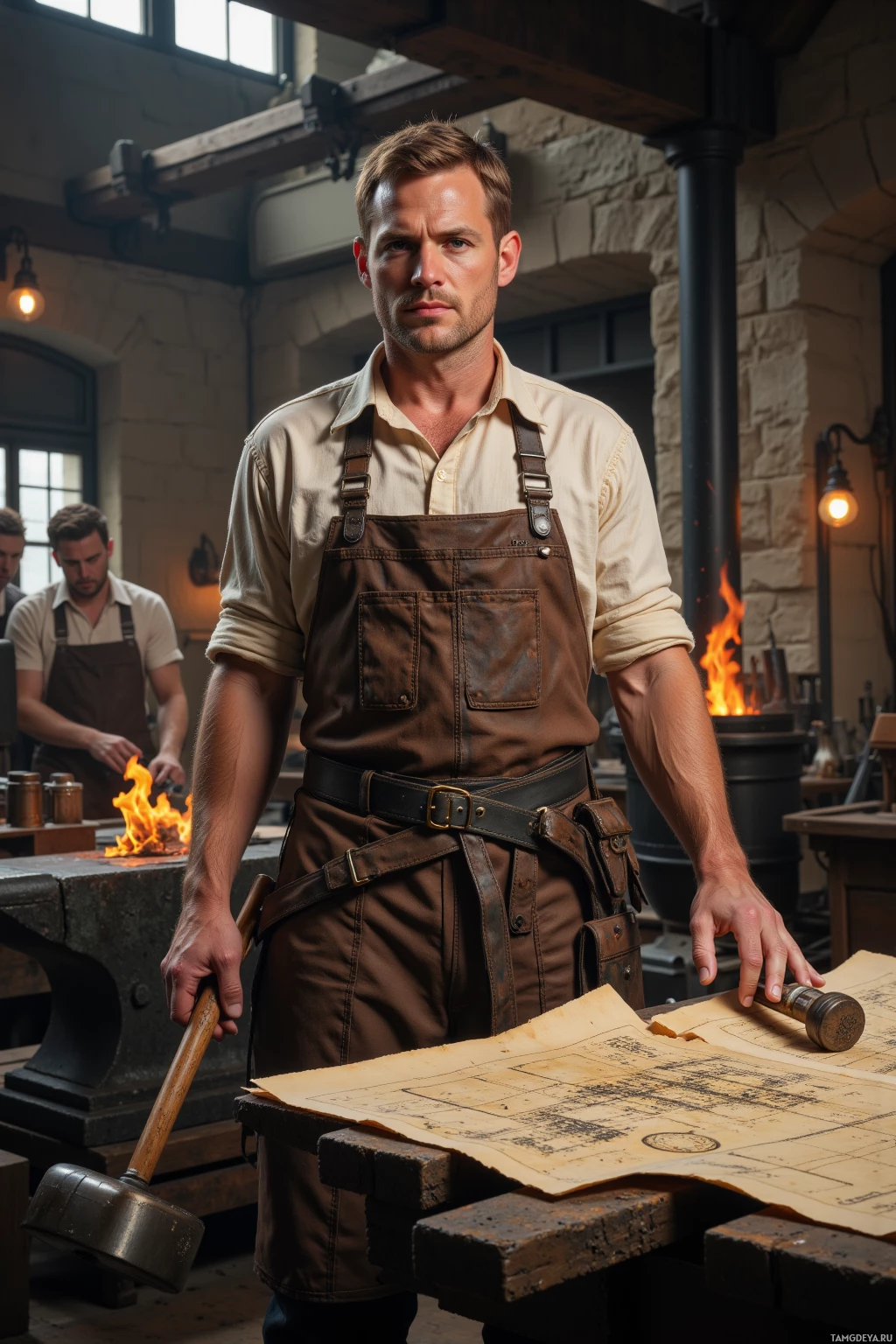 A man in a workshop wearing an apron and holding a hammer, standing in front of a table with a blueprint.