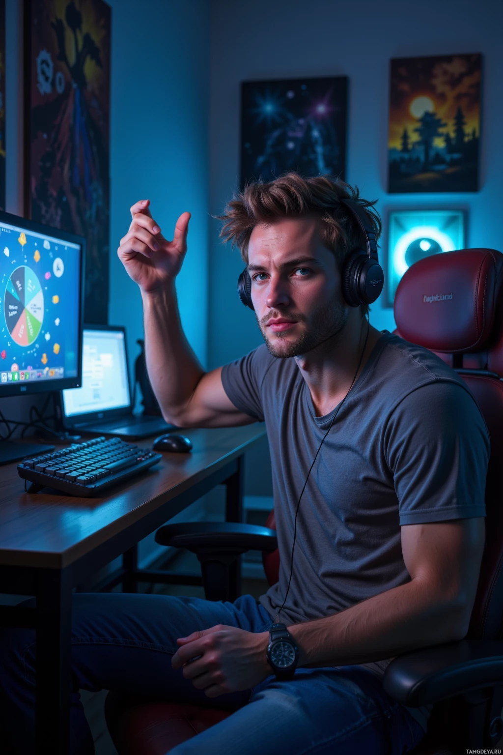 A person wearing headphones sits at a desk in a dimly lit room with computer equipment and artwork on the walls.