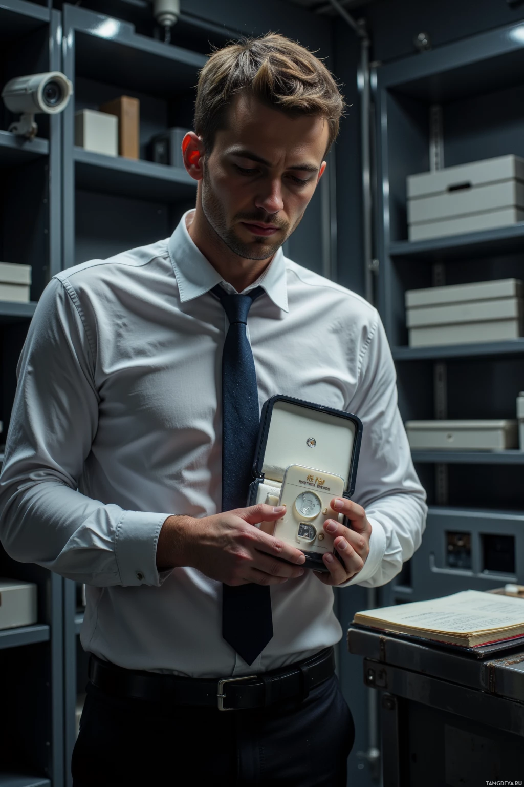 A man in a white shirt and tie examines a small device in a box.