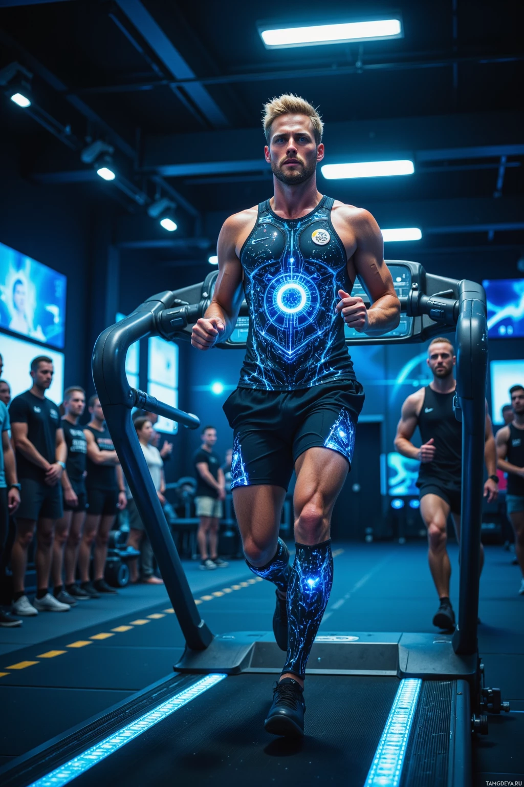 A man runs on a treadmill in a gym, surrounded by other people.