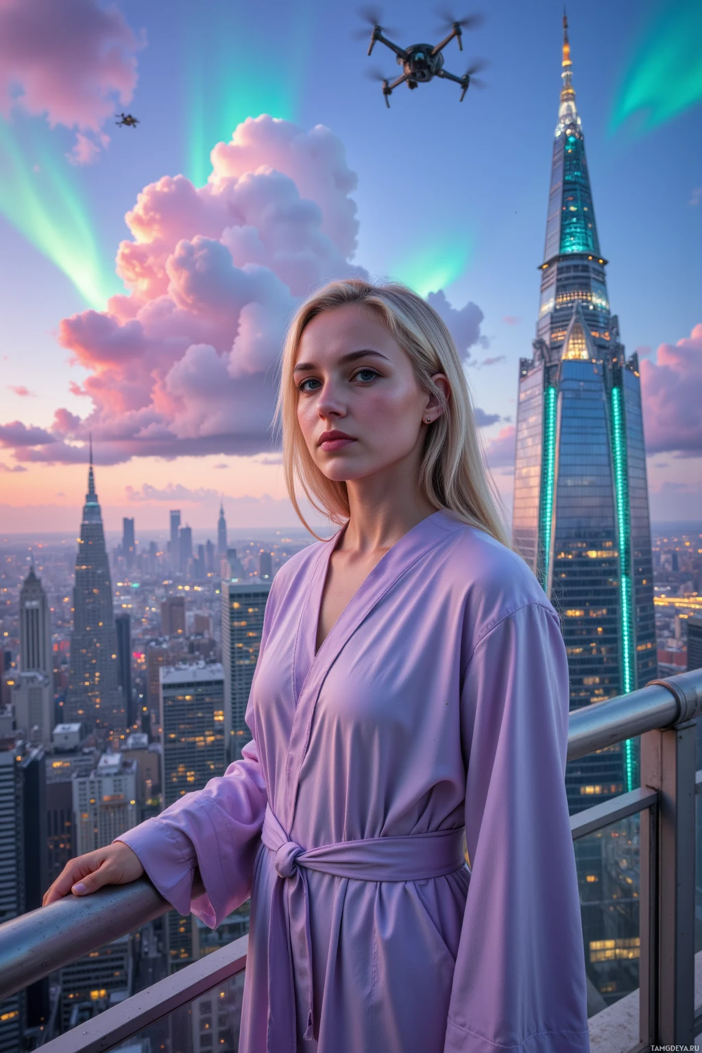 A woman in a purple robe stands on a balcony overlooking a cityscape with a drone flying overhead.