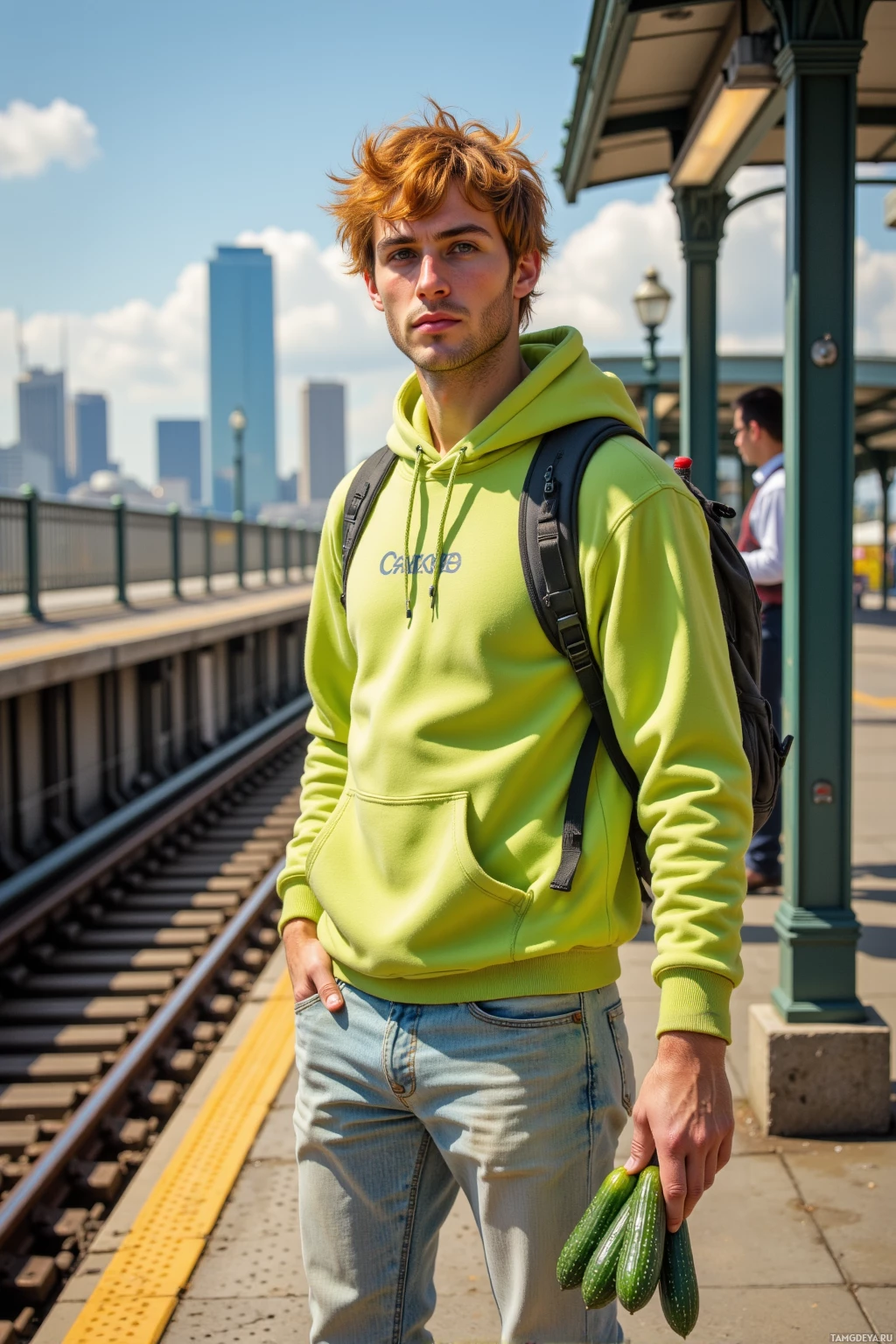 A person in a bright green hoodie stands on a train platform holding cucumbers.