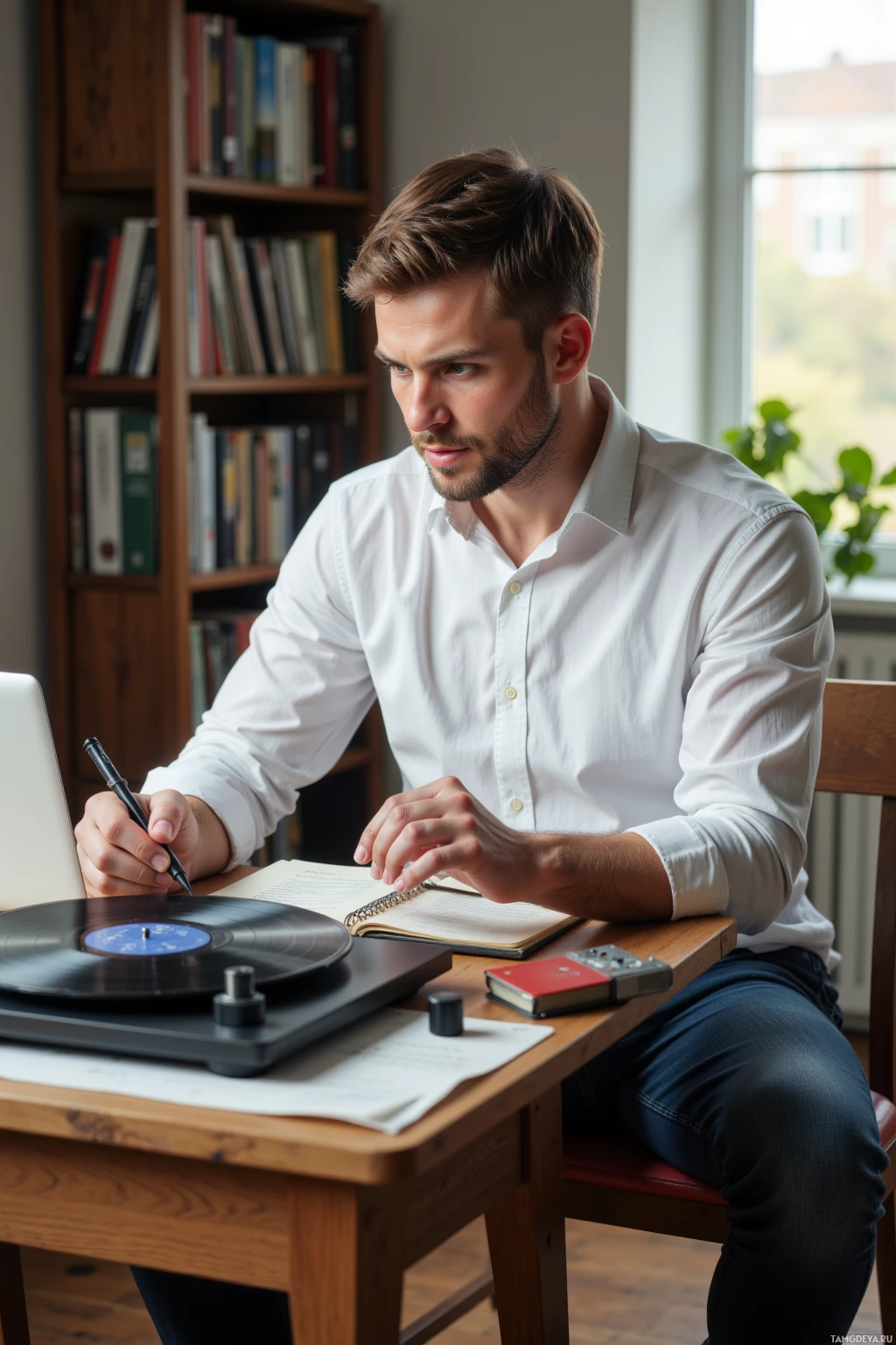 A man in a white shirt sits at a desk, writing in a notebook with a record player and books in the background.