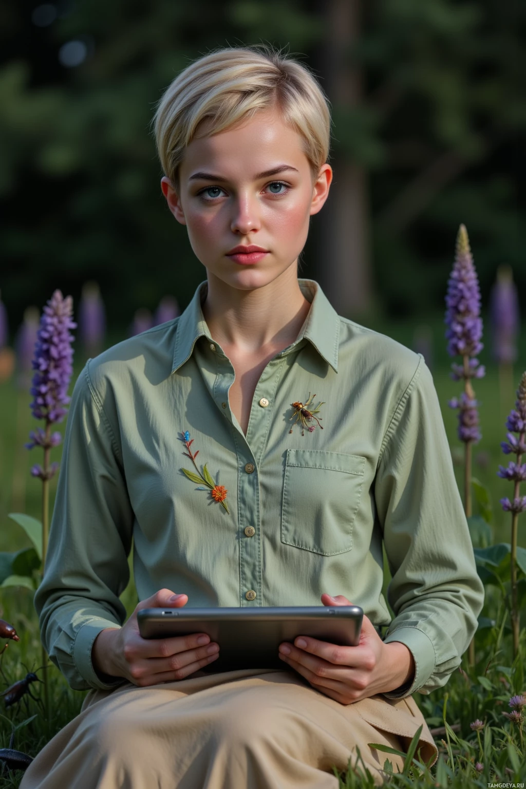 A person in a green shirt and beige pants sits outdoors holding a tablet, surrounded by purple flowers.