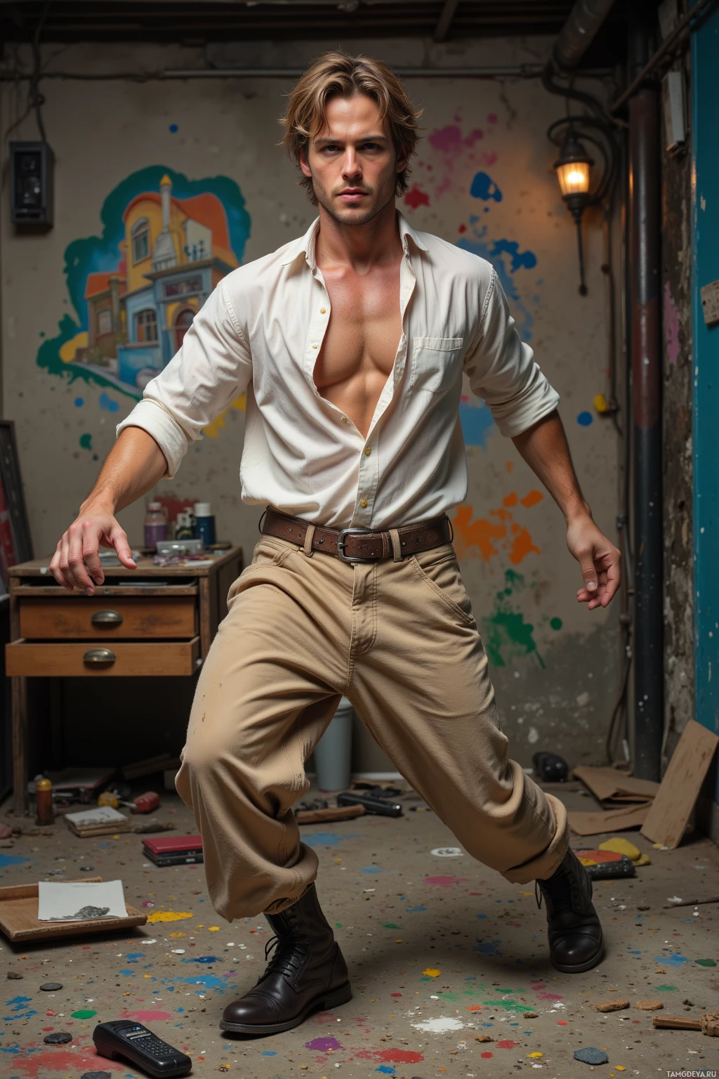 A man in a white shirt and khaki pants stands in a cluttered room with colorful paint splatters on the walls.