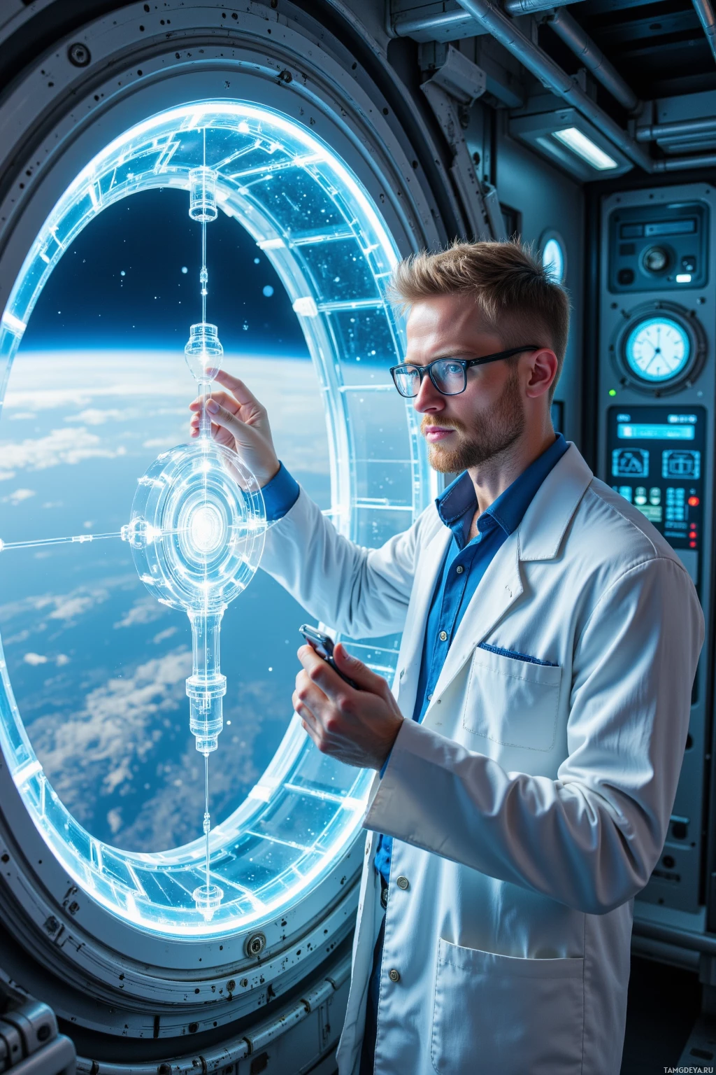 A person in a lab coat interacts with a futuristic device in a space station.