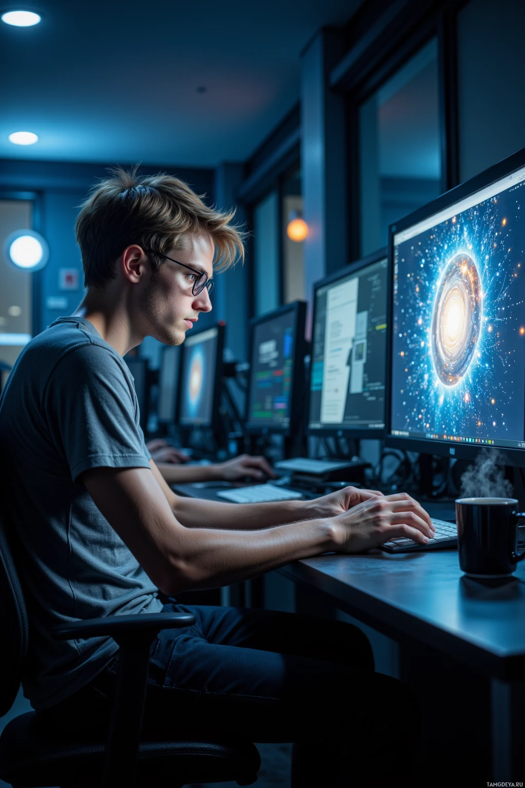 A person is working at a desk with multiple computer monitors displaying colorful graphics.