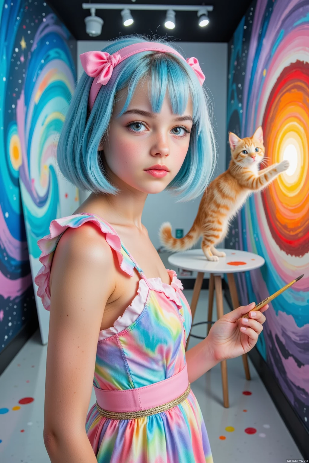 A young person with blue hair and a pink bow stands in a colorful, artistic setting holding a paintbrush.
