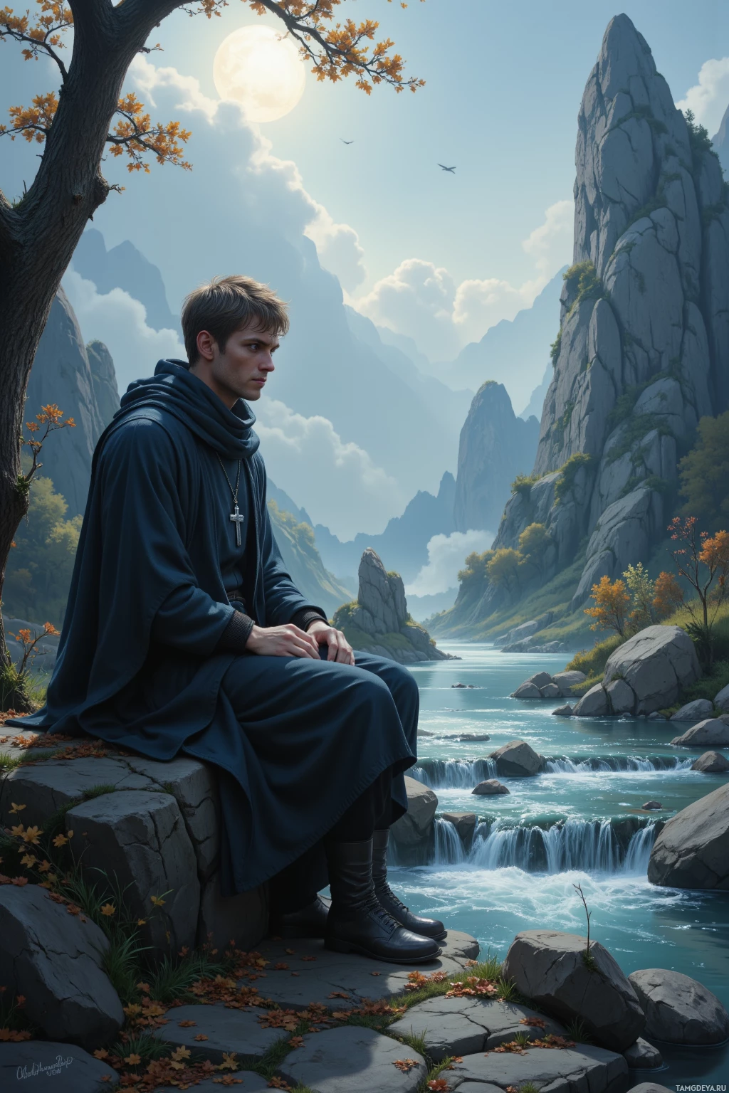 A man in a dark robe sits contemplatively by a river, surrounded by mountains and a bright sun.