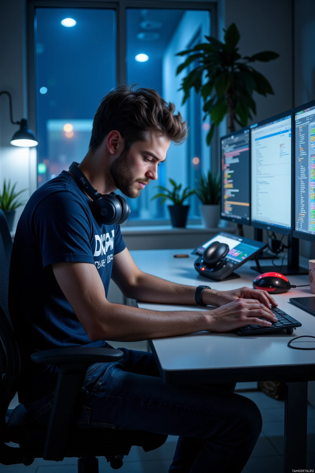 A person is working at a desk with multiple computer monitors, wearing headphones and a dark t-shirt.