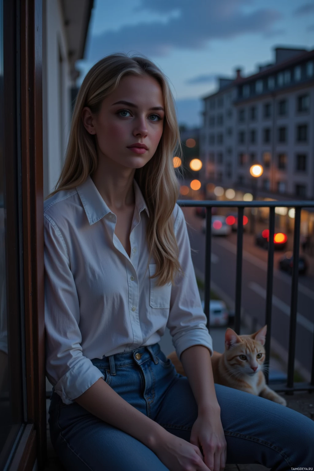 A woman in a white shirt and jeans sits on a balcony with a cat, overlooking a city street at dusk.