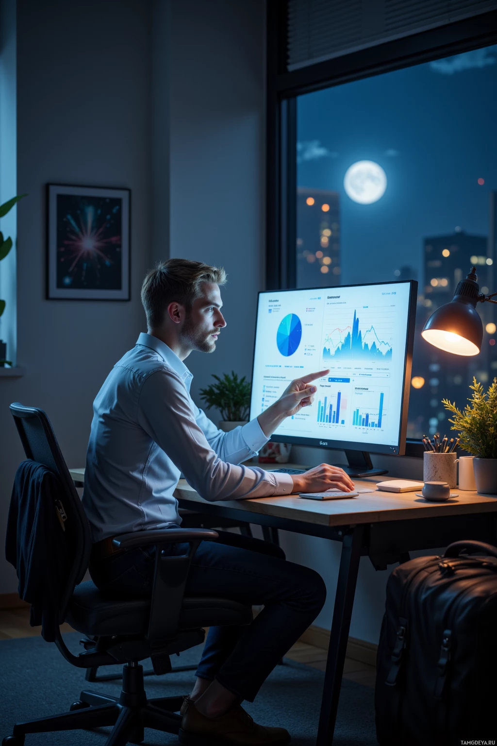 A man is working late at a desk with a computer displaying graphs and charts, illuminated by a desk lamp.