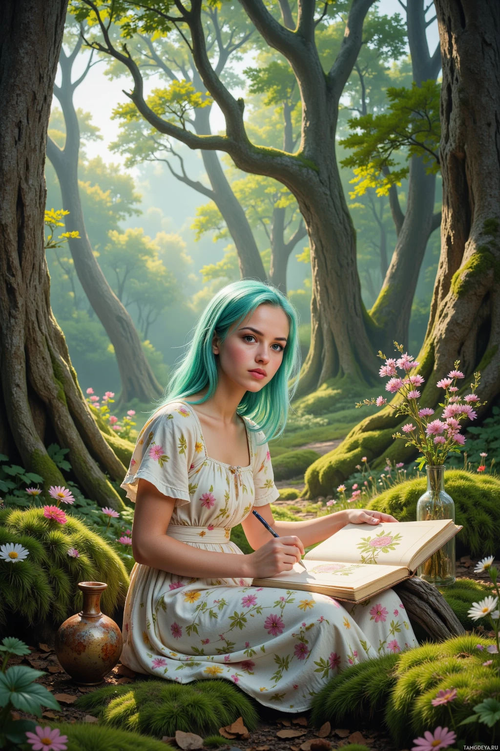 A woman with teal hair sits in a lush forest, sketching in a notebook.