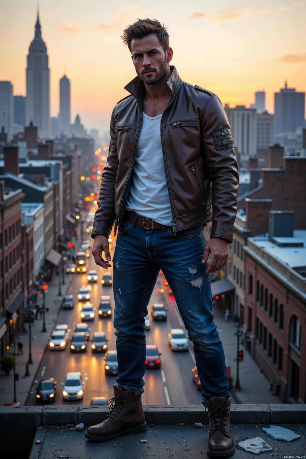A man stands on a rooftop overlooking a cityscape at dusk.