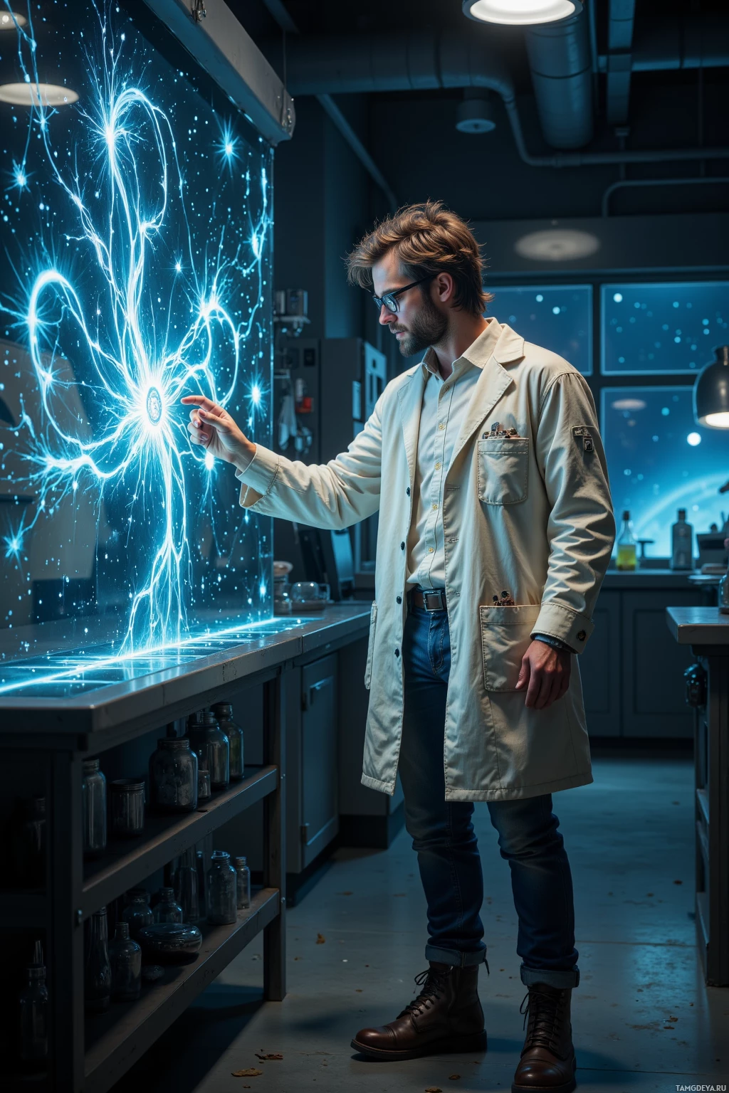 A scientist in a lab coat stands in front of a glowing, electric display.