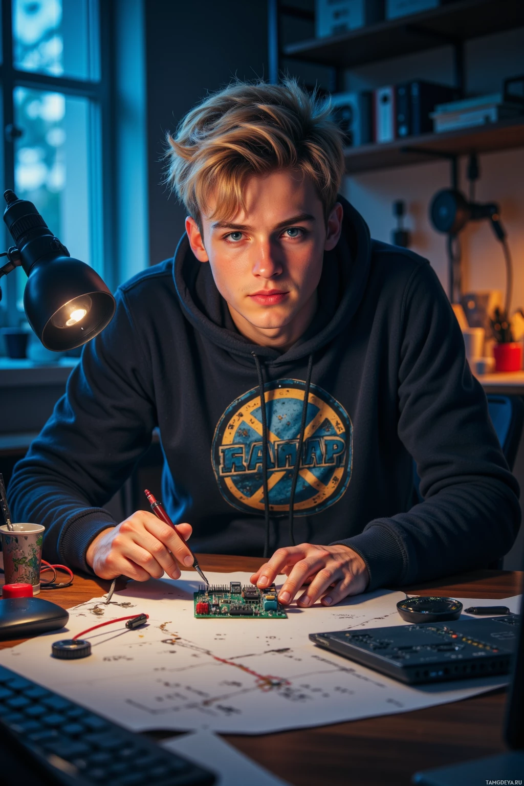 A young person is working on a circuit board at a desk with a lamp and various tools.