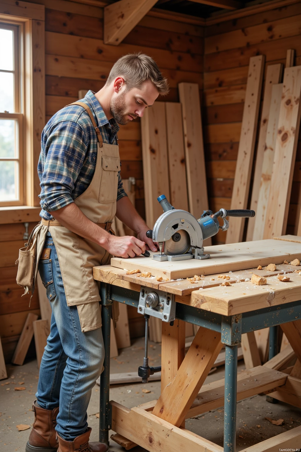 A man in a workshop uses a circular saw to cut wood on a workbench.