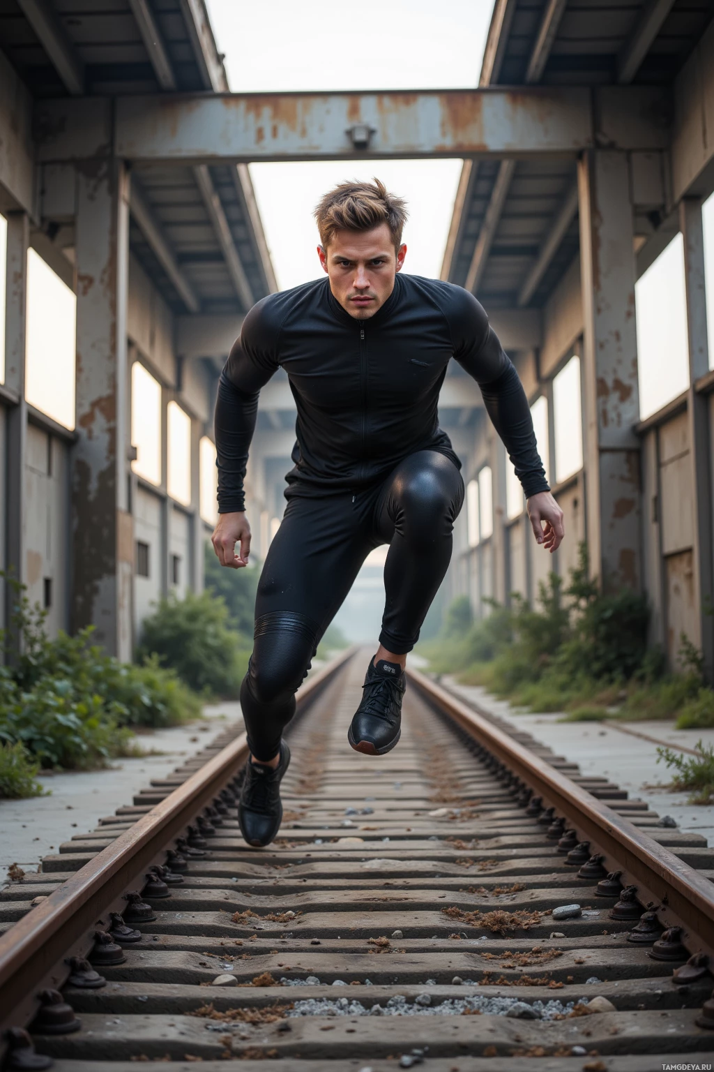 A man in a black athletic outfit is captured mid-stride on a railway track.