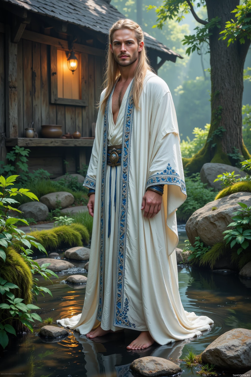 A man in a flowing white robe stands barefoot by a serene pond in a lush, forested setting.