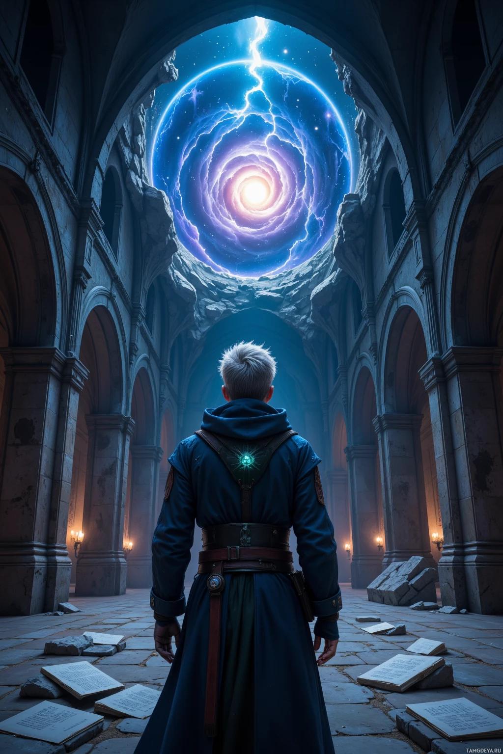 A figure in a blue robe stands in a grand, ancient hall, gazing up at a glowing, cosmic portal.