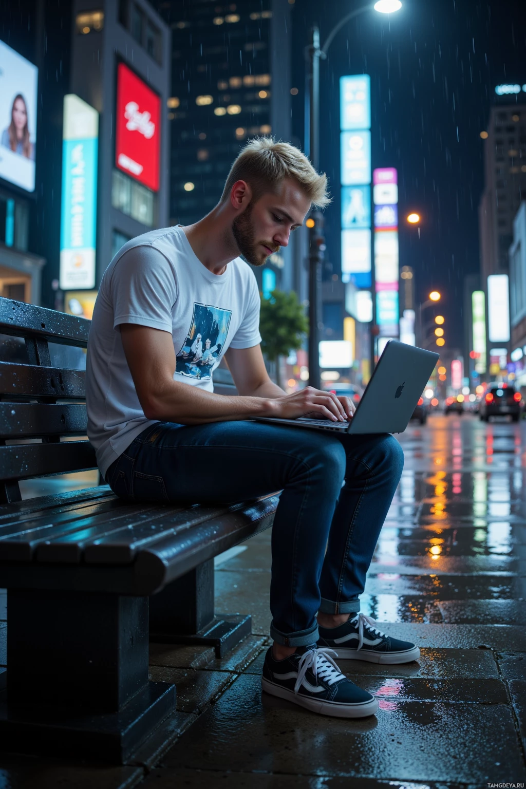 A man sits on a bench in the rain, using a laptop.