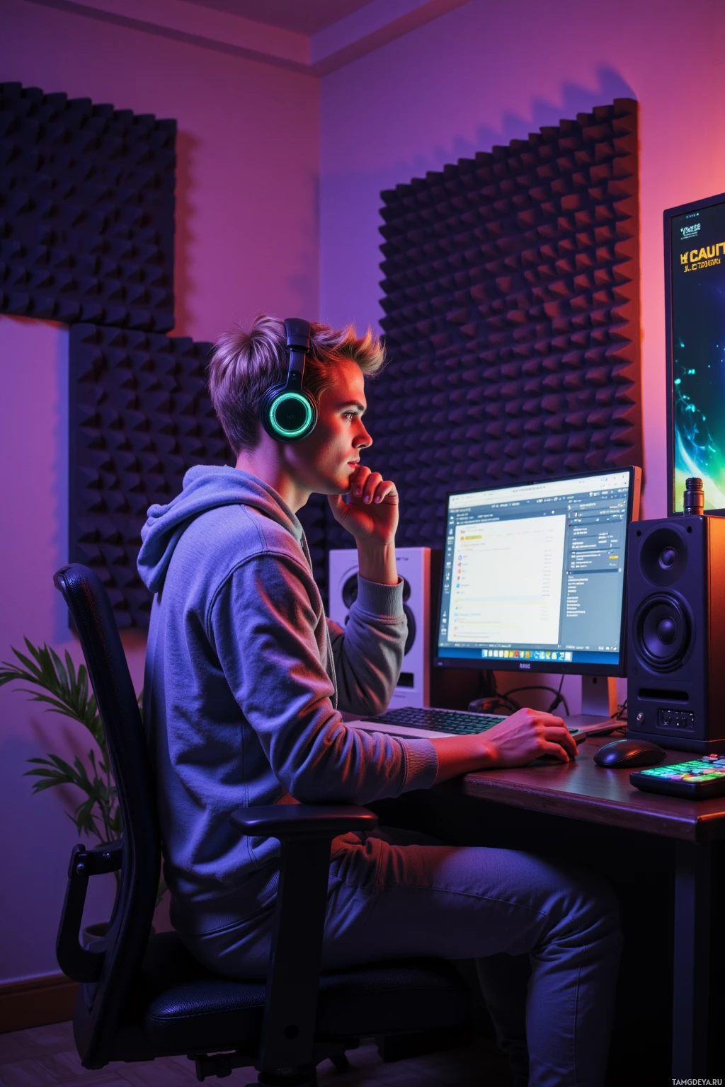 A person wearing headphones sits at a desk in a room with purple lighting, working on a computer.