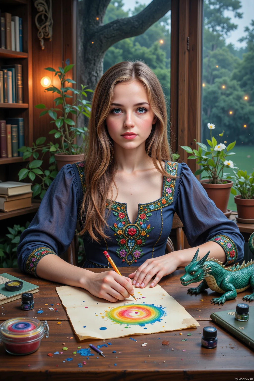 A person in a blue dress with floral embroidery sits at a desk, drawing a colorful spiral with a pencil.