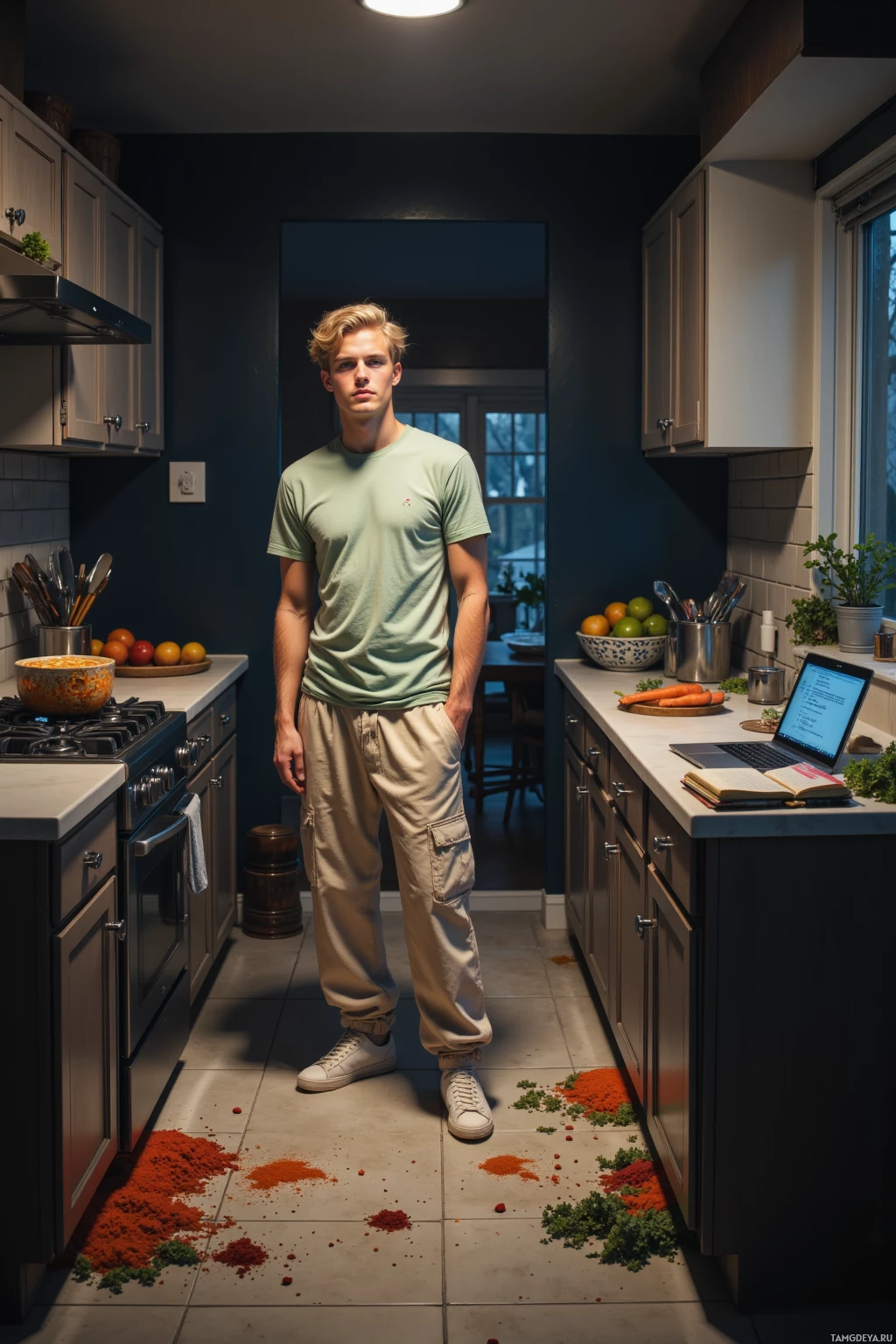 A person stands in a kitchen with a laptop and scattered food on the floor.