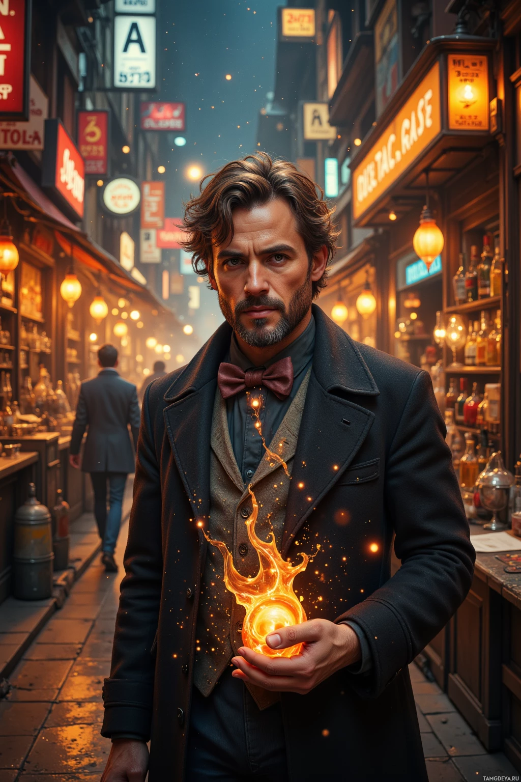 A man in a vintage-style coat stands in a bustling alleyway, holding a glowing orb.