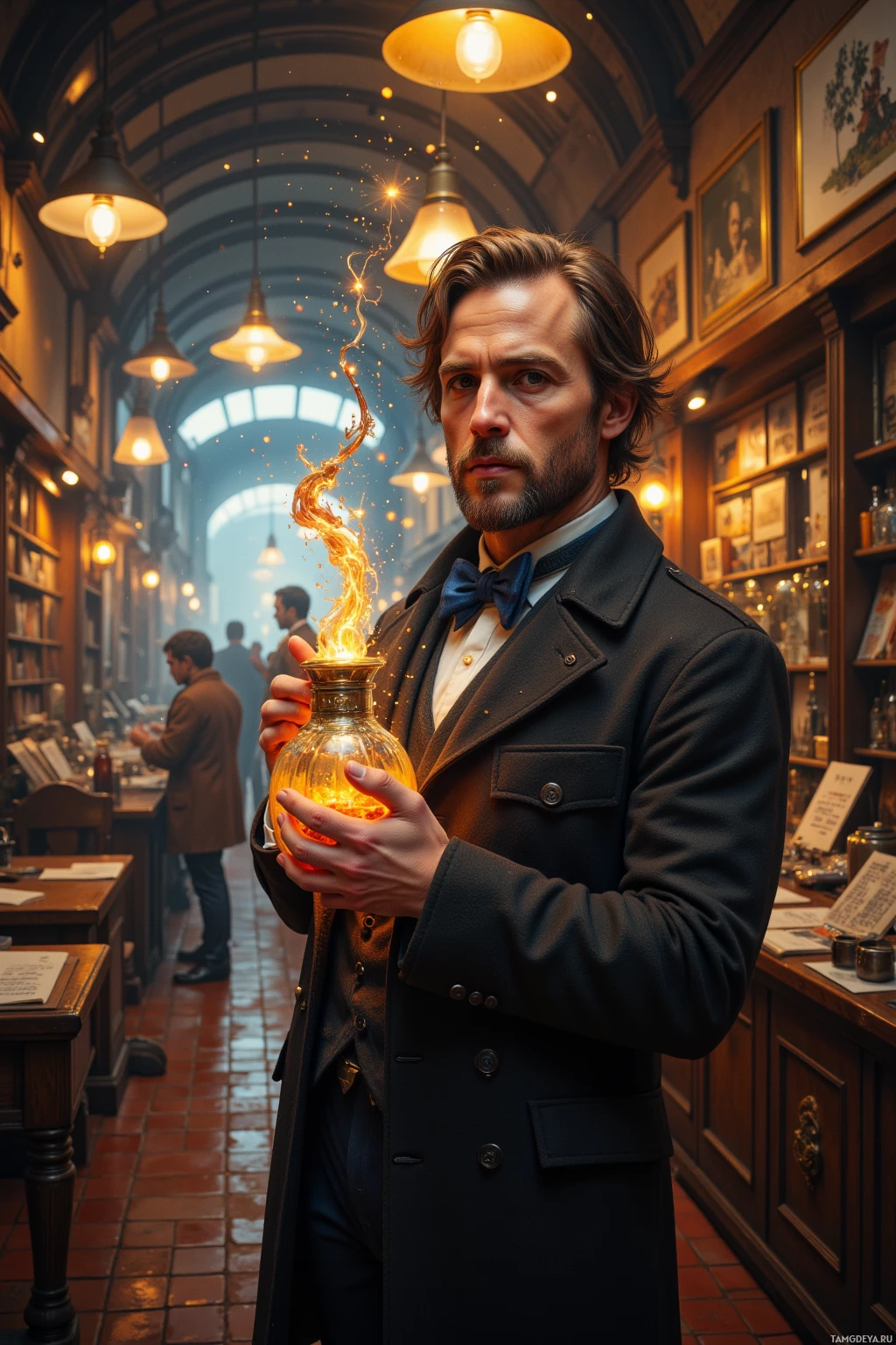 A man in a vintage coat holds a glowing, magical potion bottle in a dimly lit, old-fashioned shop.