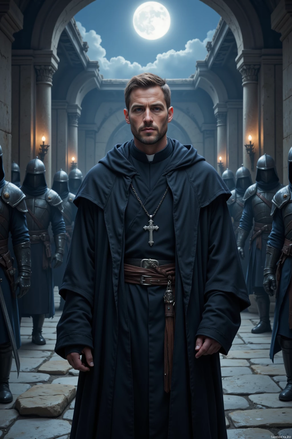 A man in a dark robe stands in a courtyard with knights in armor.