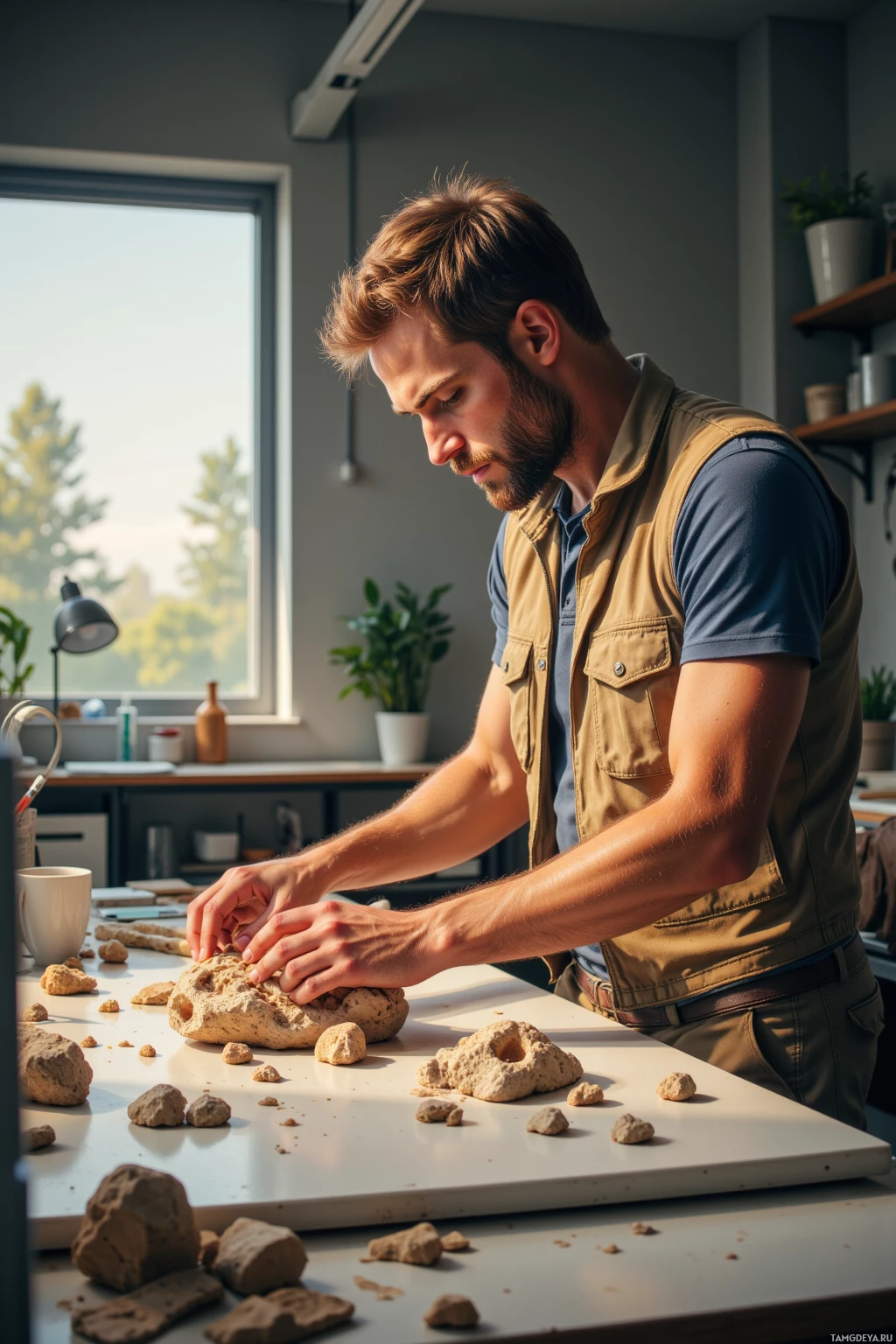 A man is working with clay on a table in a well-lit room.