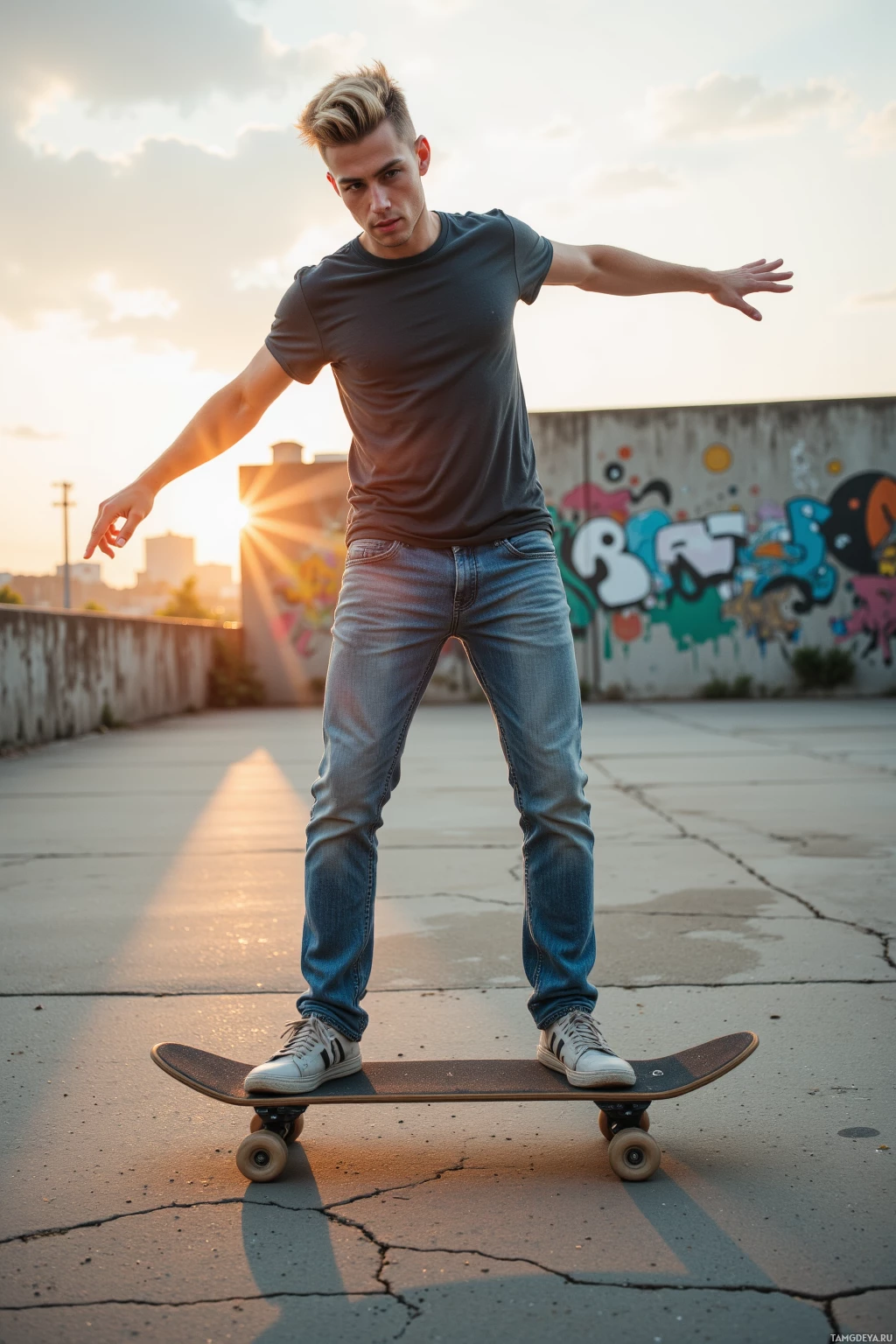 A skateboarder balances on a concrete surface with a graffiti wall and sunset in the background.