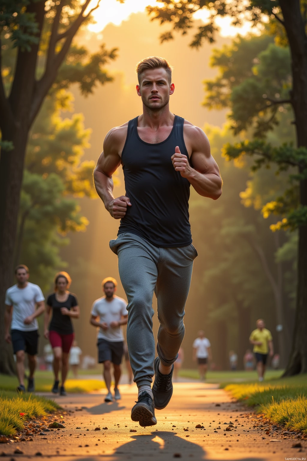 A man runs on a path in a park during sunset.